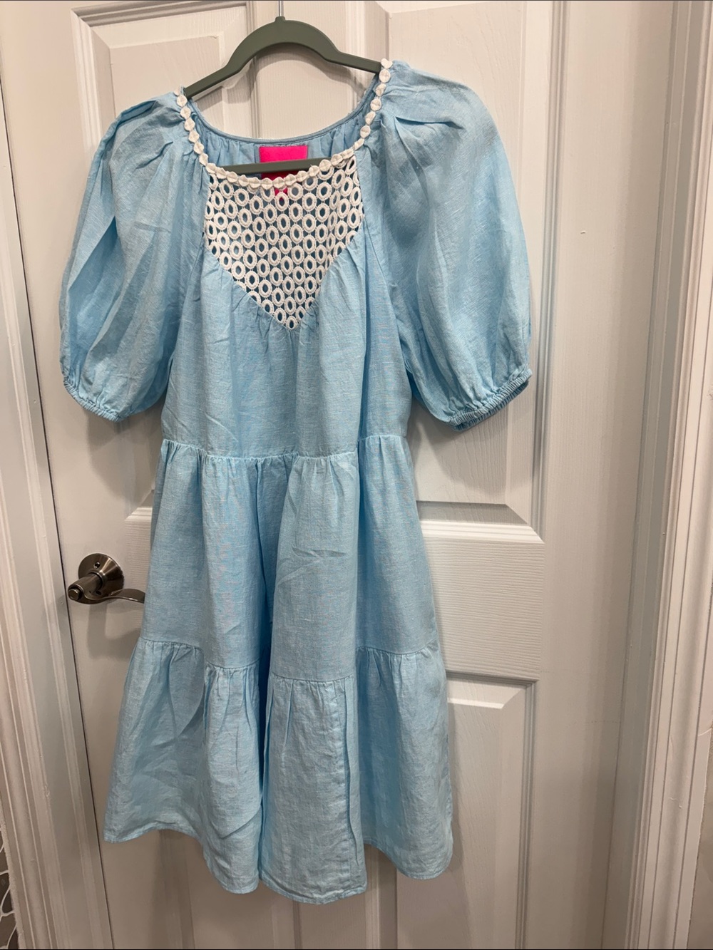 Lilly Pulitzer Light Blue Puff Sleeve Tiered Dress with Crochet Yoke